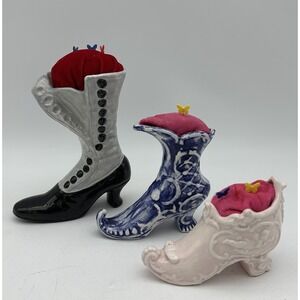 Vintage Lot Of 3 Ceramic Pottery Shoe Pin Cushions Victorian Style Shoe